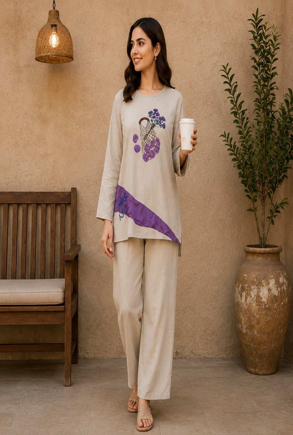 Women's Printed Co-Ord Set with Relaxed Fit Top & Wide-Leg Pants