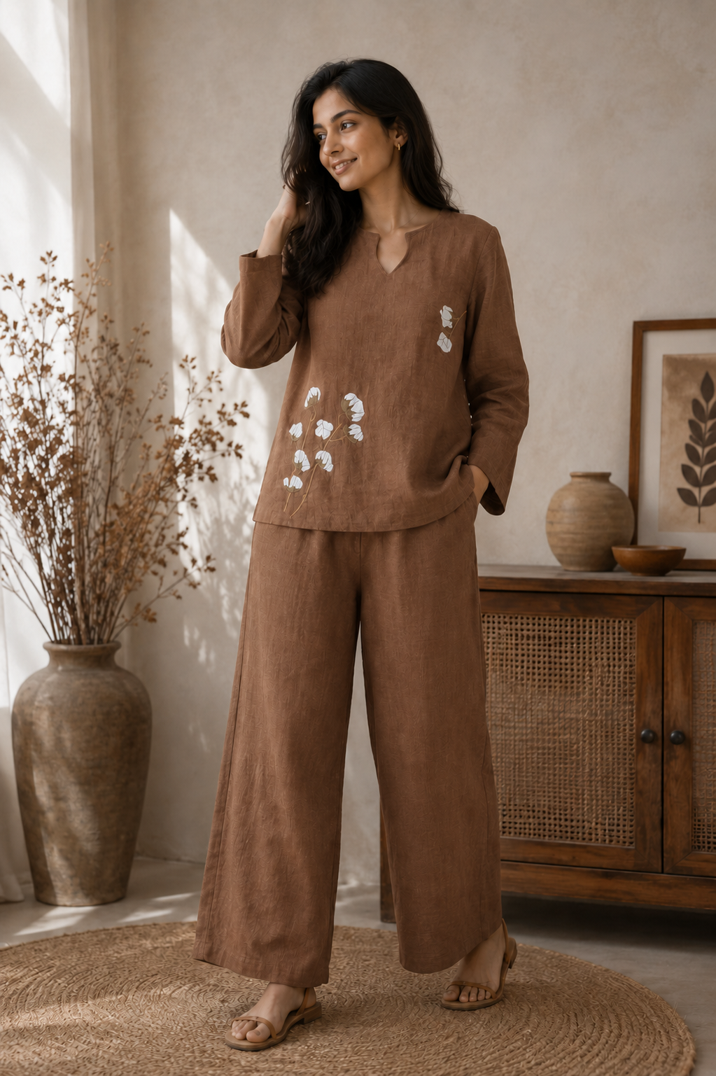 Women's Floral Printed Textured Co-Ord Set with Full Sleeves