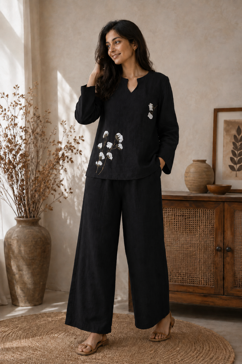 Women's Floral Printed Textured Co-Ord Set with Full Sleeves