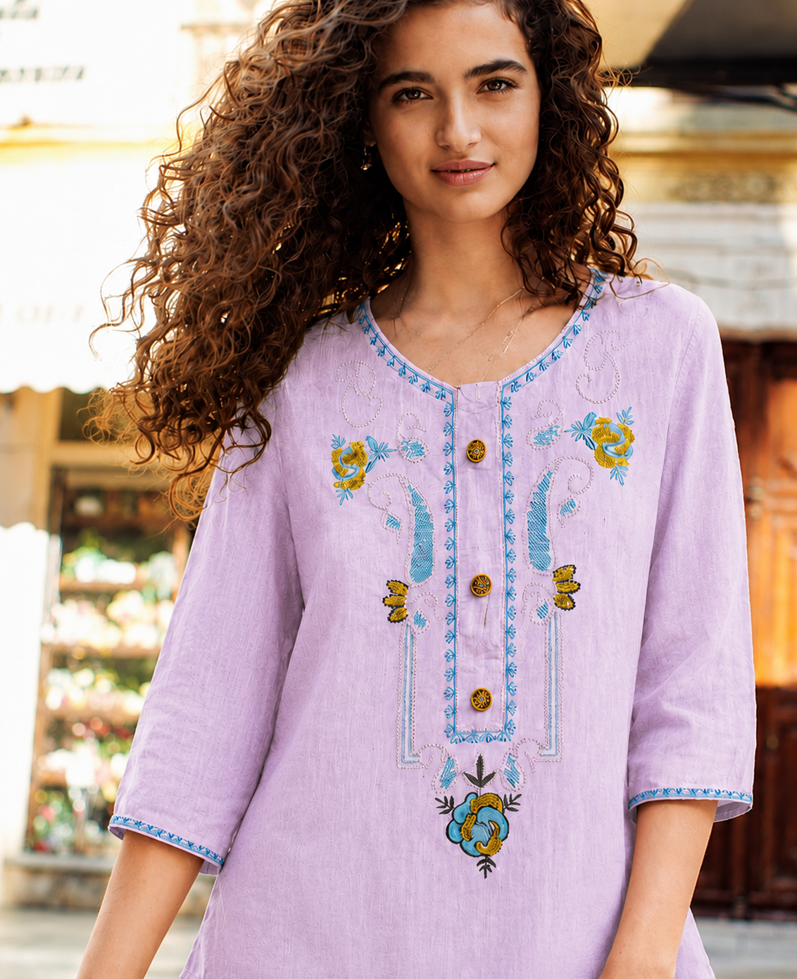 Women’s Embroidered Straight Fit Ethnic Top with 3/4 Sleeves