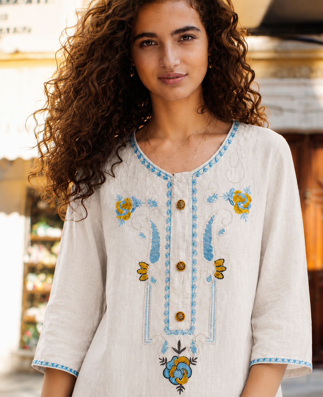 Women’s Embroidered Straight Fit Ethnic Top with 3/4 Sleeves