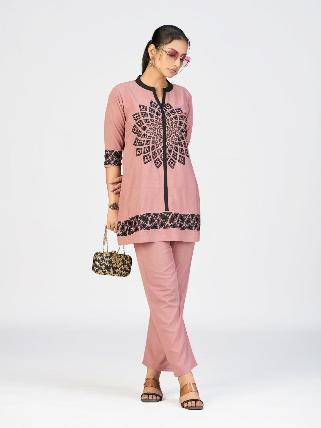 Dusty Rose Mandala Kurta Set – Contrast Trim, Straight Pants