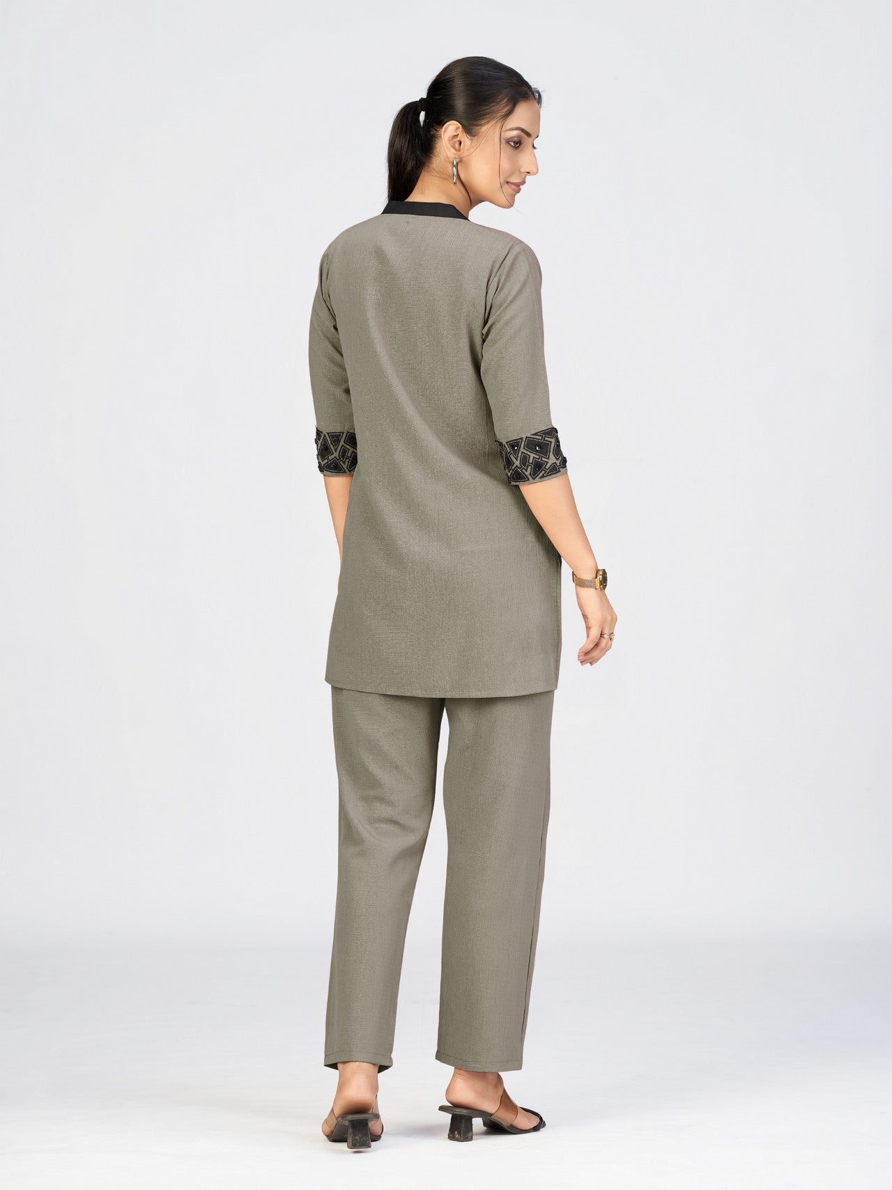 Grey & Black Geometric Embroidered Kurti Pant Set for Women