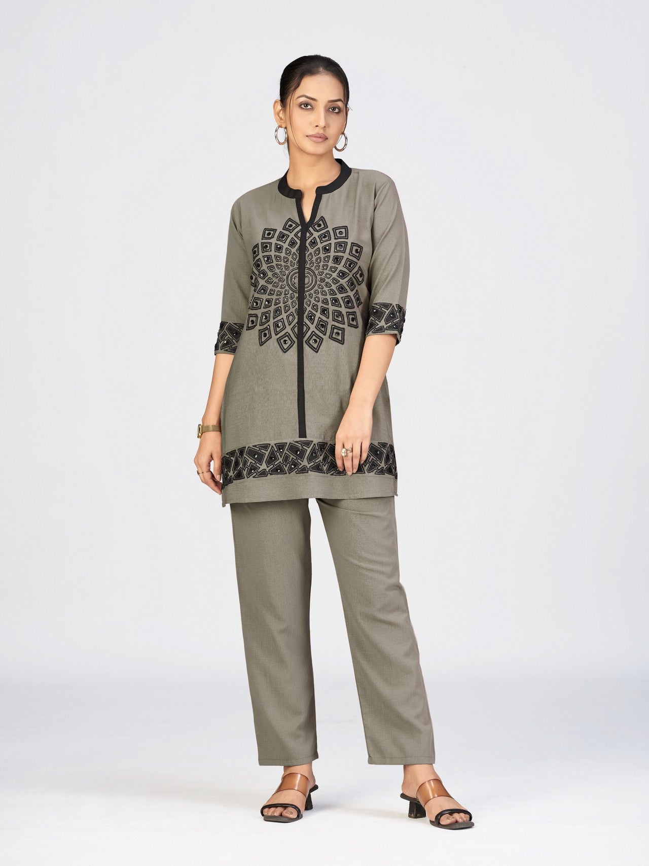 Grey & Black Geometric Embroidered Kurti Pant Set for Women