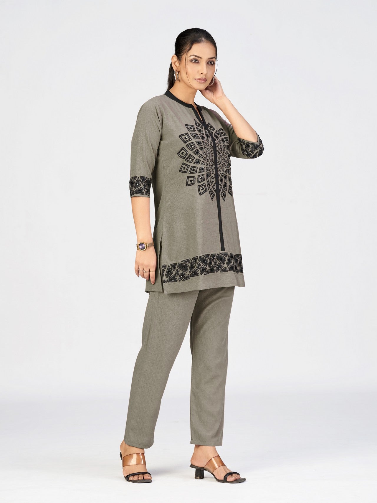 Grey & Black Geometric Embroidered Kurti Pant Set for Women