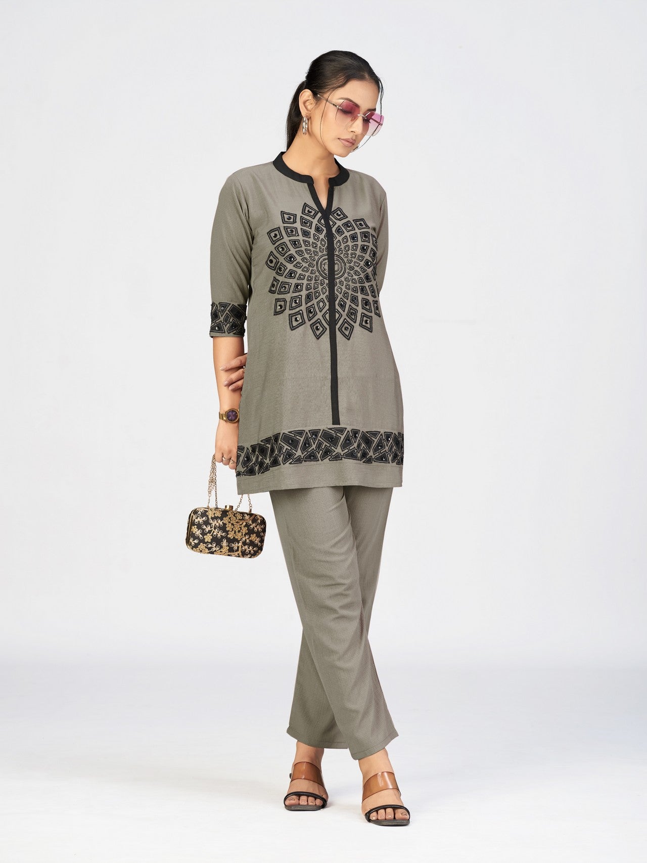 Grey & Black Geometric Embroidered Kurti Pant Set for Women