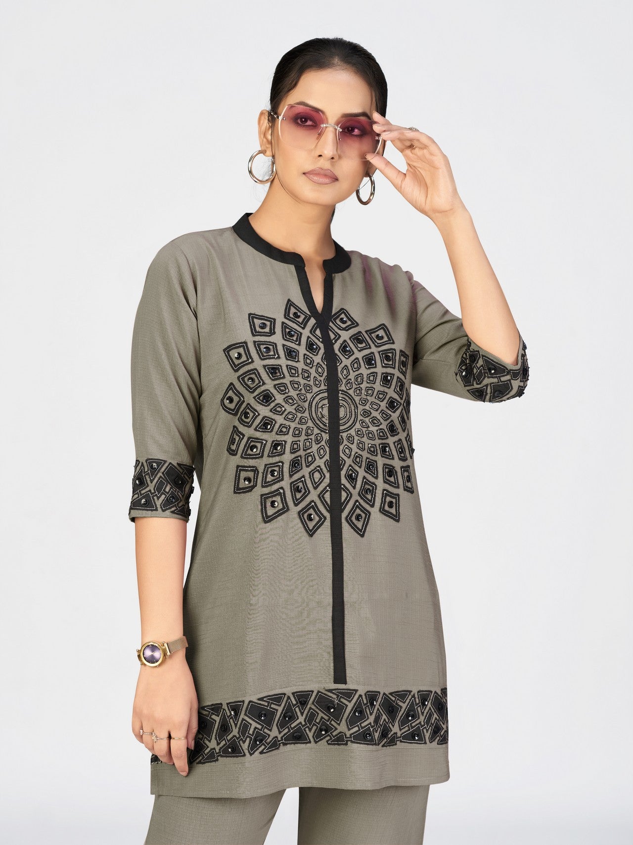 Grey & Black Geometric Embroidered Kurti Pant Set for Women