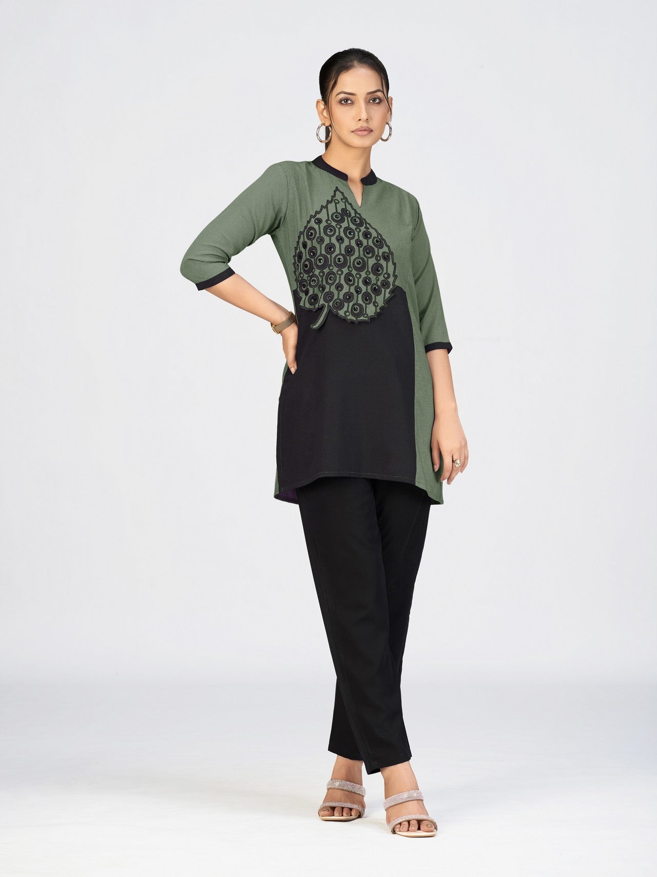 Elegant Dual-Tone Beige & Black Kurti with Leaf Appliqué Design for Women