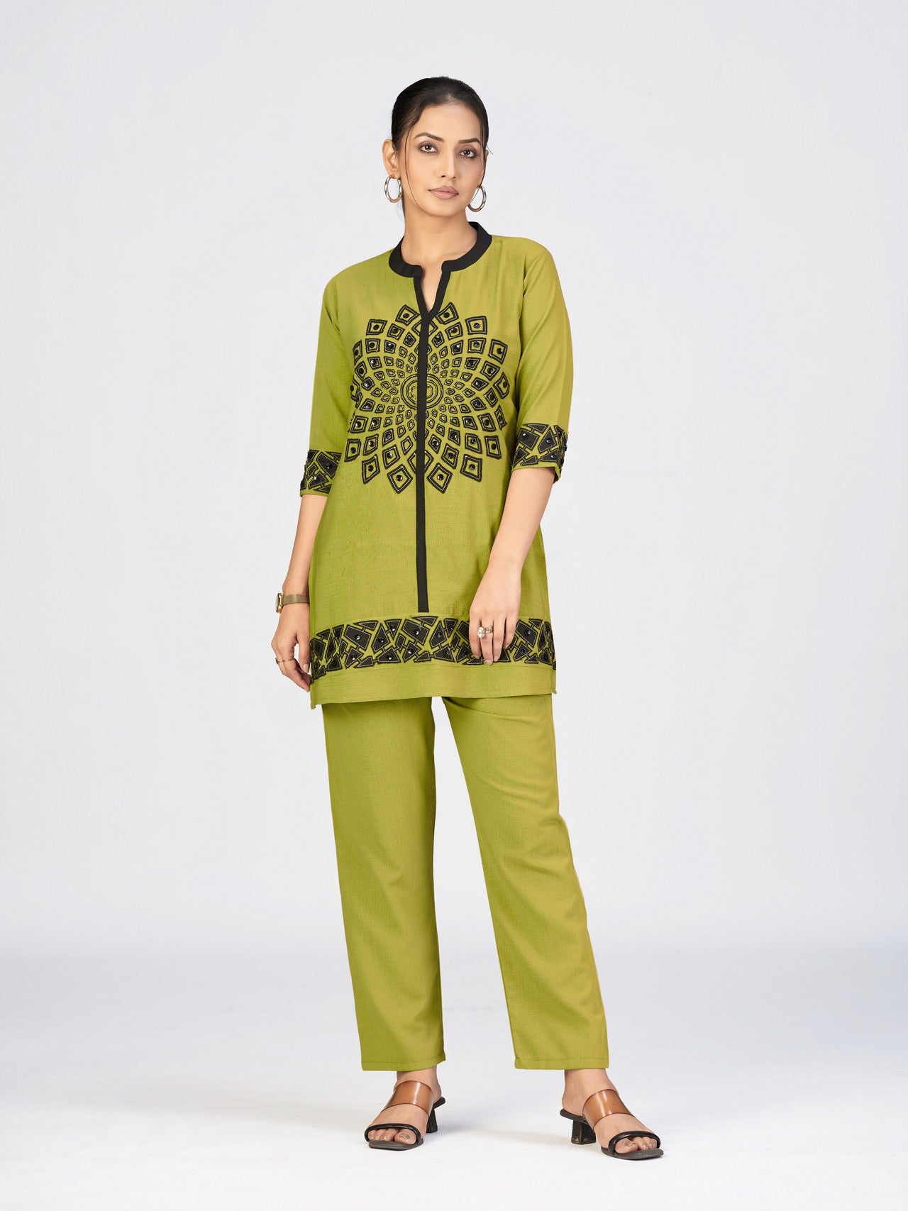 Grey & Black Geometric Embroidered Kurti Pant Set for Women