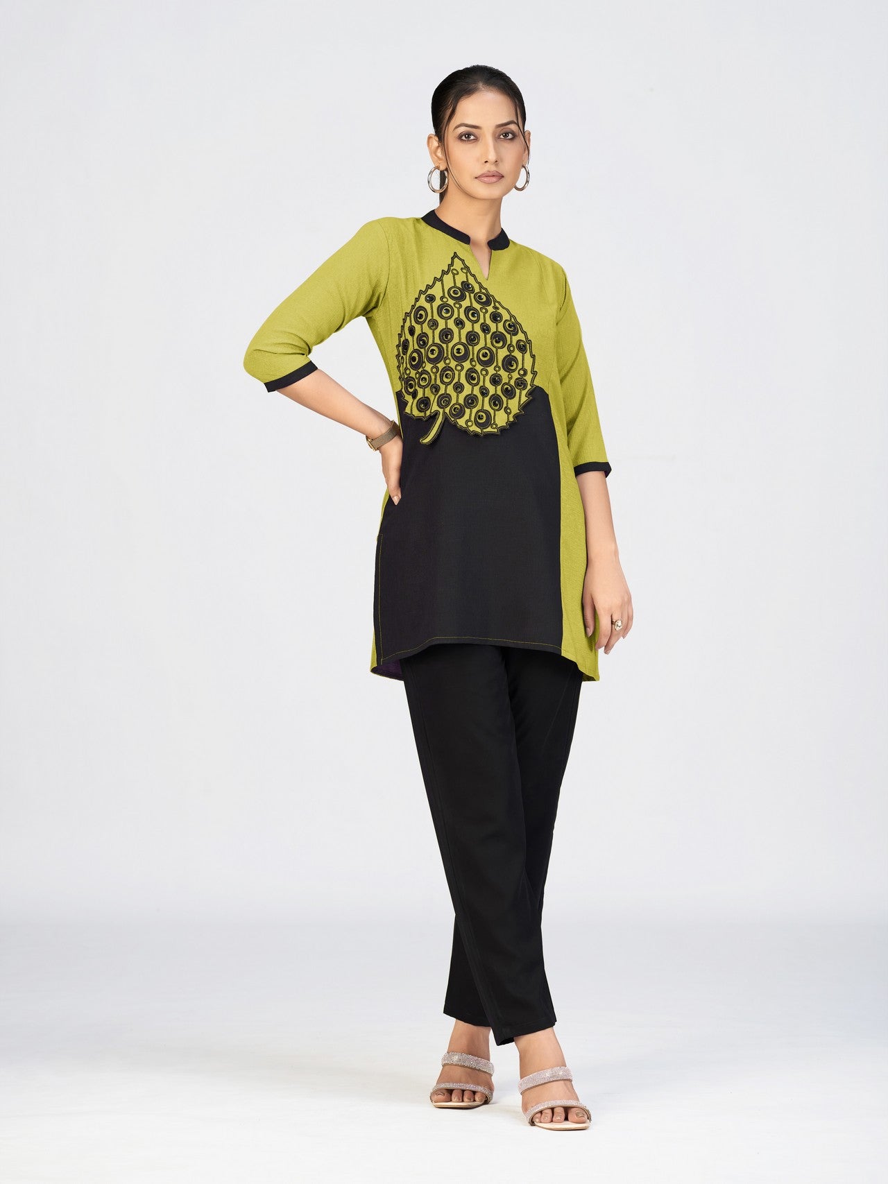 Elegant Dual-Tone Beige & Black Kurti with Leaf Appliqué Design for Women