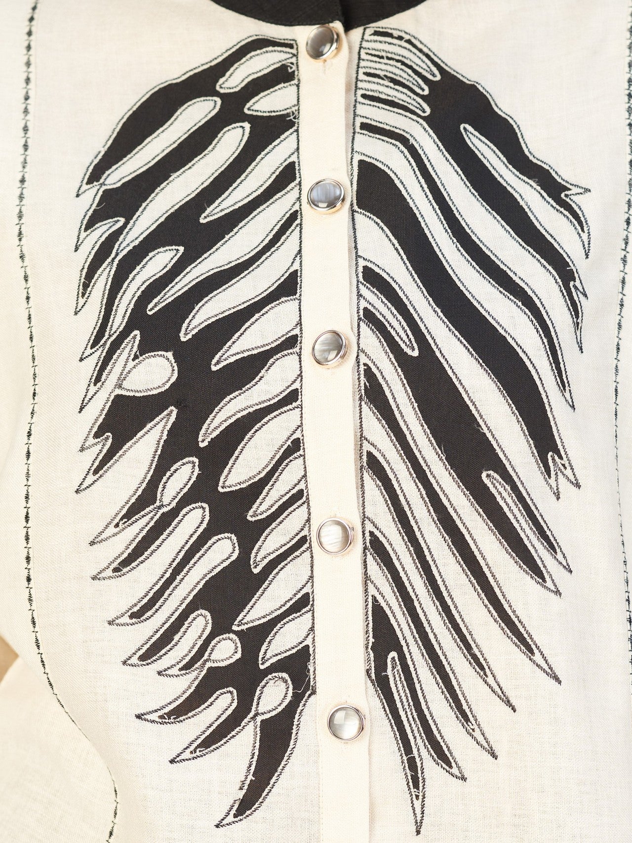 Elegant Cream & Black Women’s Embroidered Linen Blend Shirt
