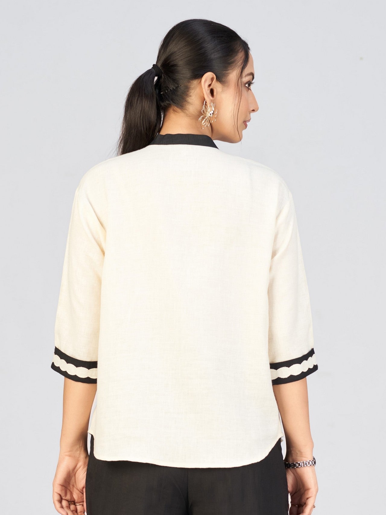Elegant Cream & Black Women’s Embroidered Linen Blend Shirt