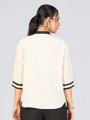 Elegant Cream & Black Women’s Embroidered Linen Blend Shirt