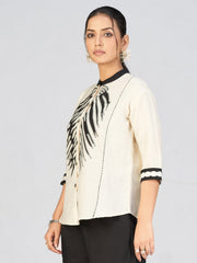 Elegant Cream & Black Women’s Embroidered Linen Blend Shirt