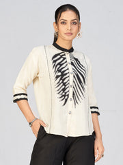 Elegant Cream & Black Women’s Embroidered Linen Blend Shirt