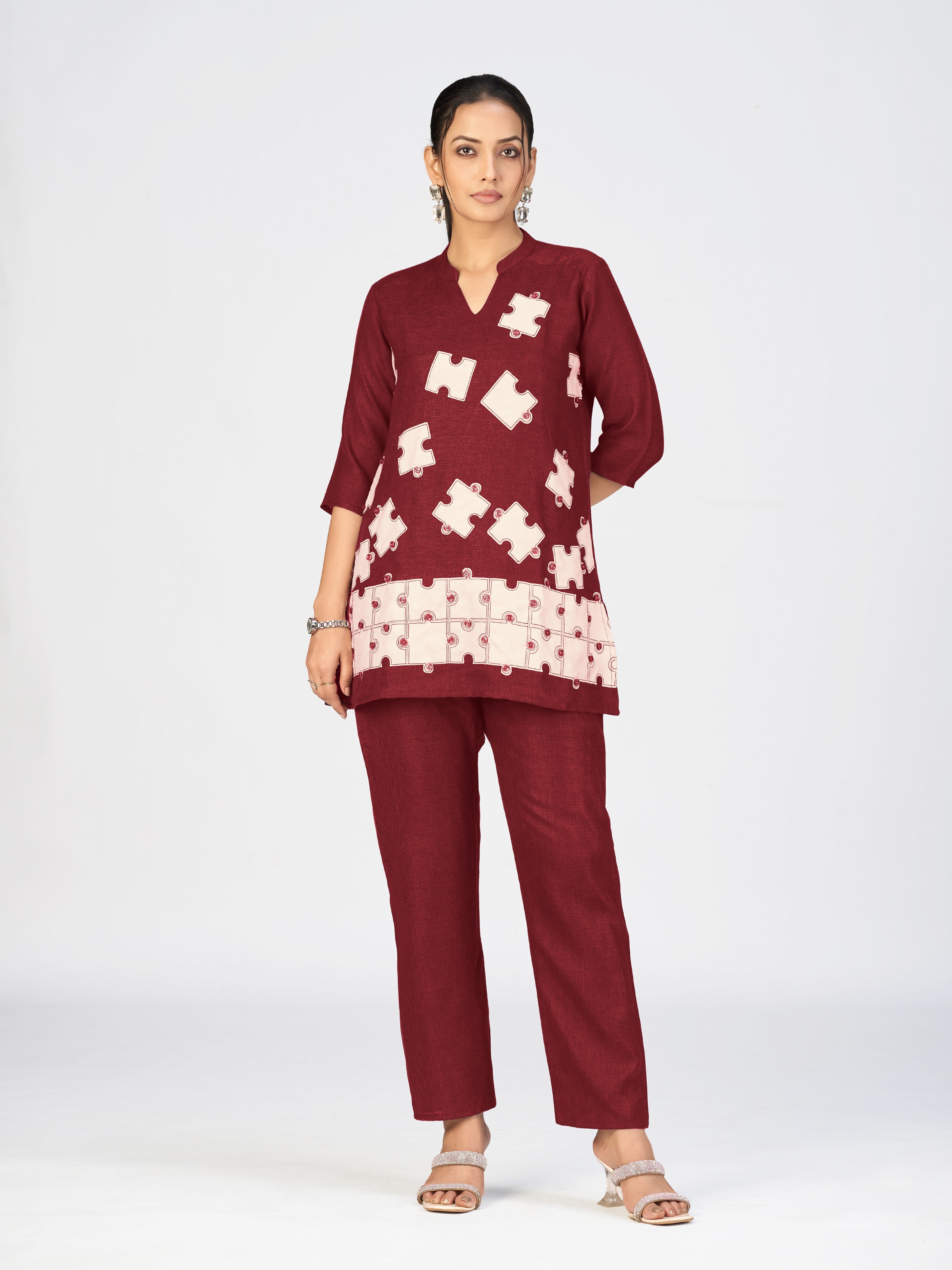 Black Linen Poly Puzzle Embroidered Kurti Pant Set for Women