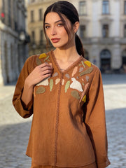Women’s brown embroidered imported linen relaxed fit shirt front view