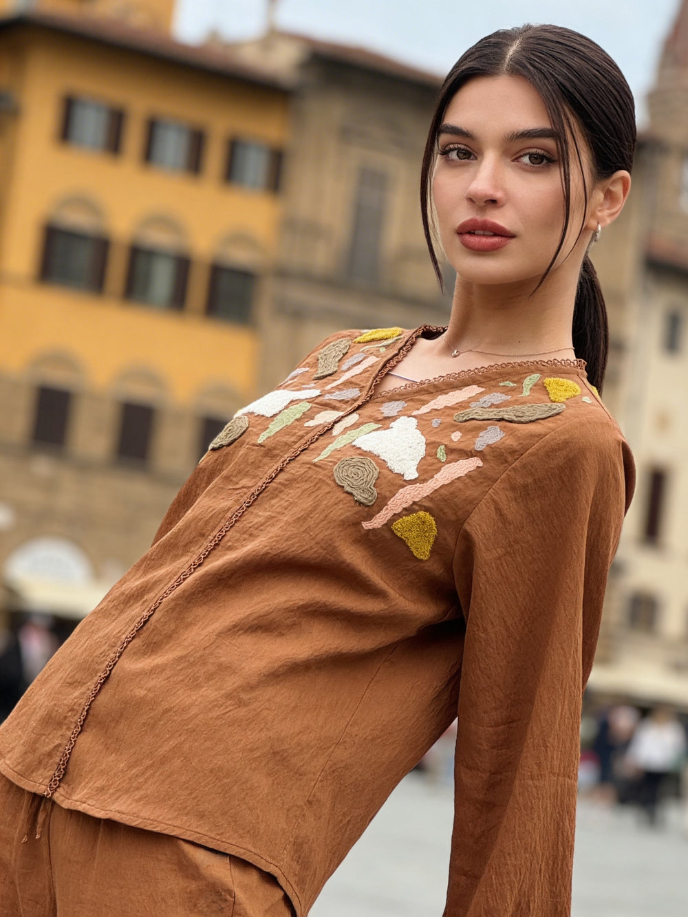 Elegant earthy tone embroidered women’s shirt available in M L XL