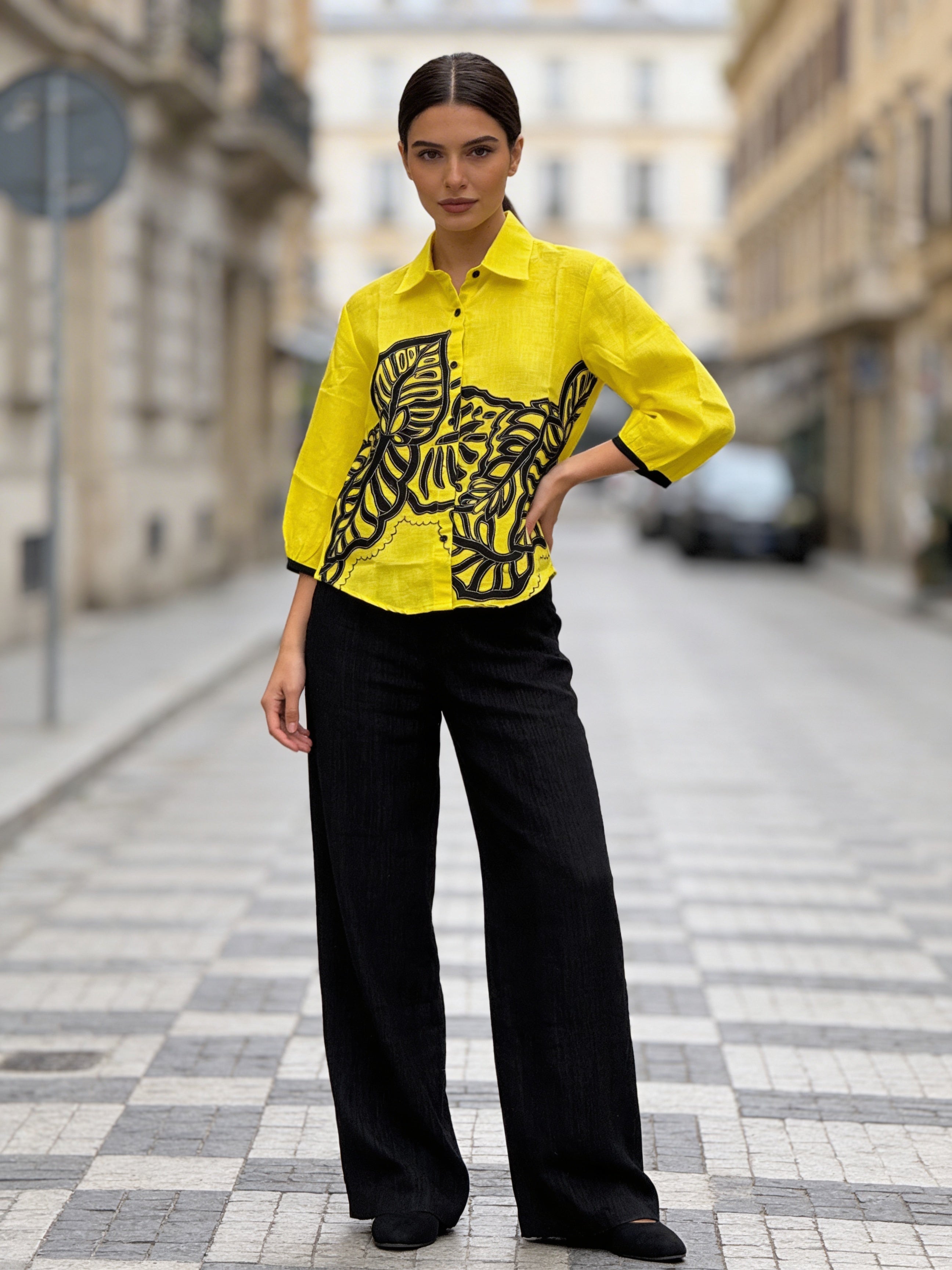 Women’s yellow embroidered imported linen relaxed fit shirt front view