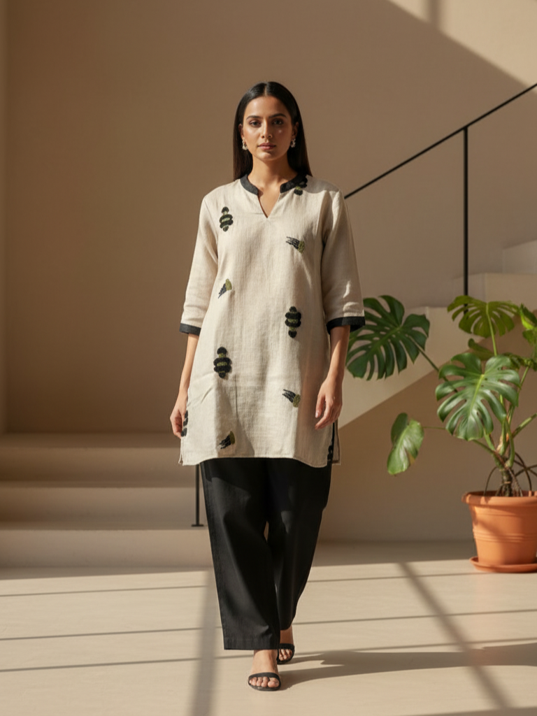 Woman wearing a beige embroidered kurti with black straight pants walking indoors.