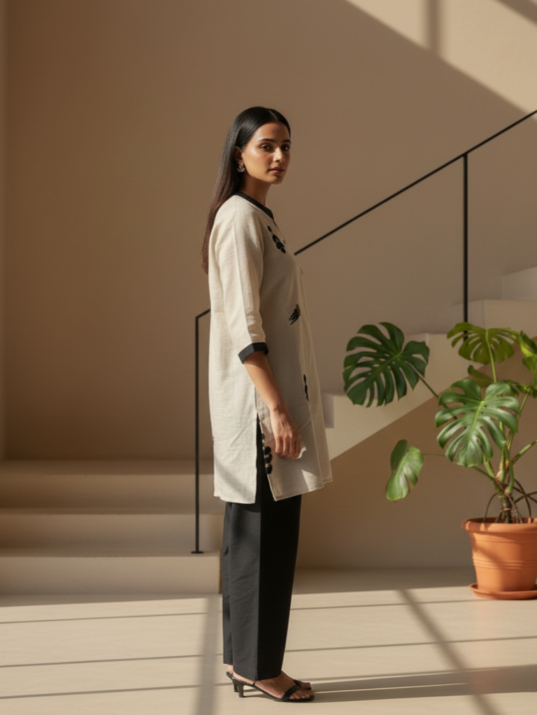 Stylish ethnic outfit with beige V-neck kurti and black pants modeled in natural lighting.