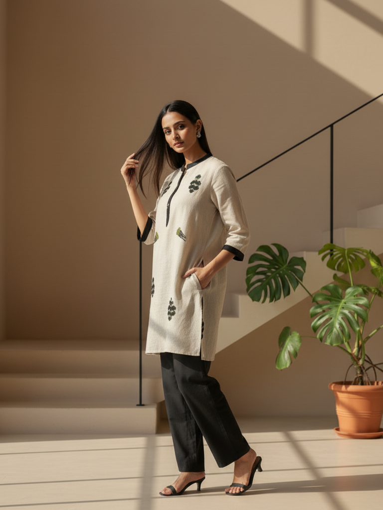 Female model showcasing a simple beige kurti with subtle embroidery and three-quarter sleeves.