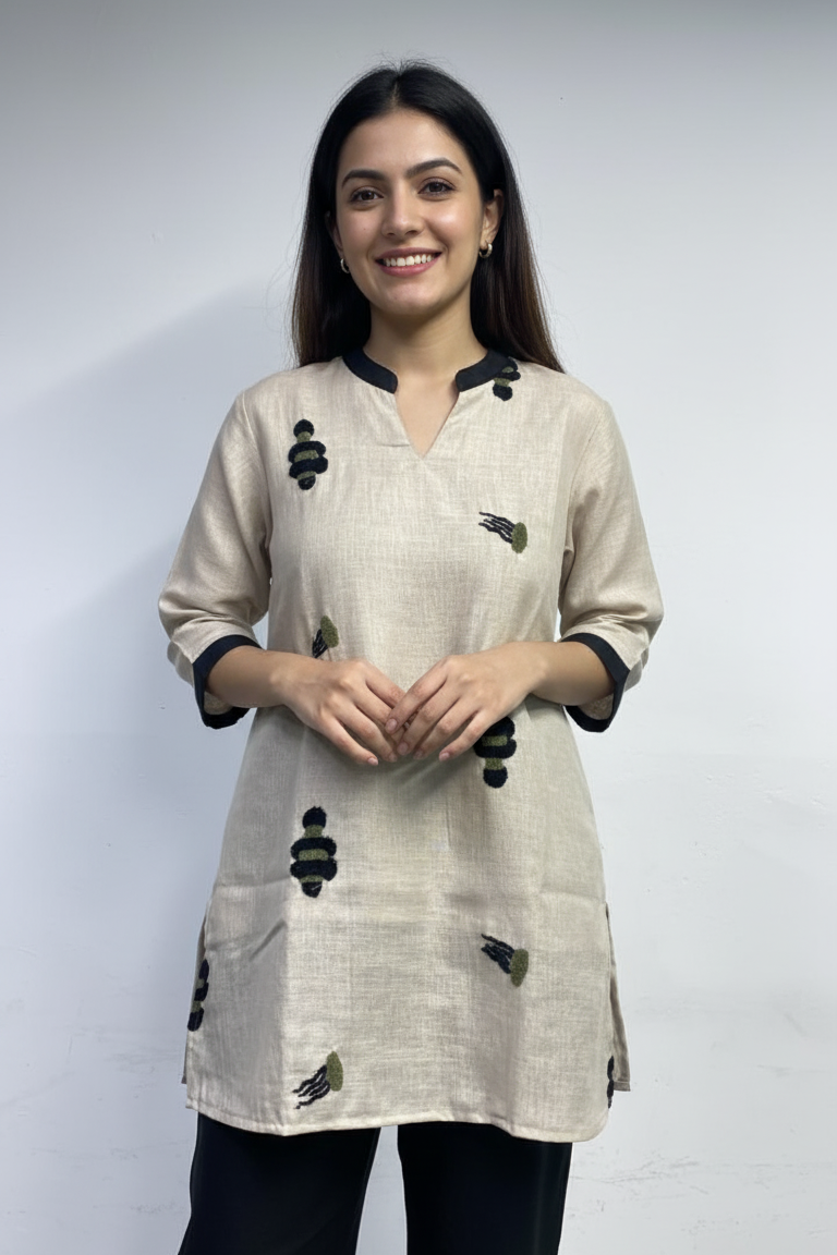 Beige kurti with black and green embroidered accents paired with classic black trousers.