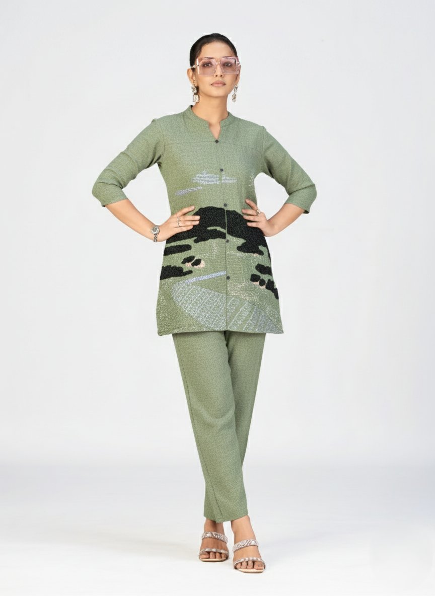 Stylish pink kurti featuring sun, clouds, and landscape embroidery captured in a studio photoshoot.