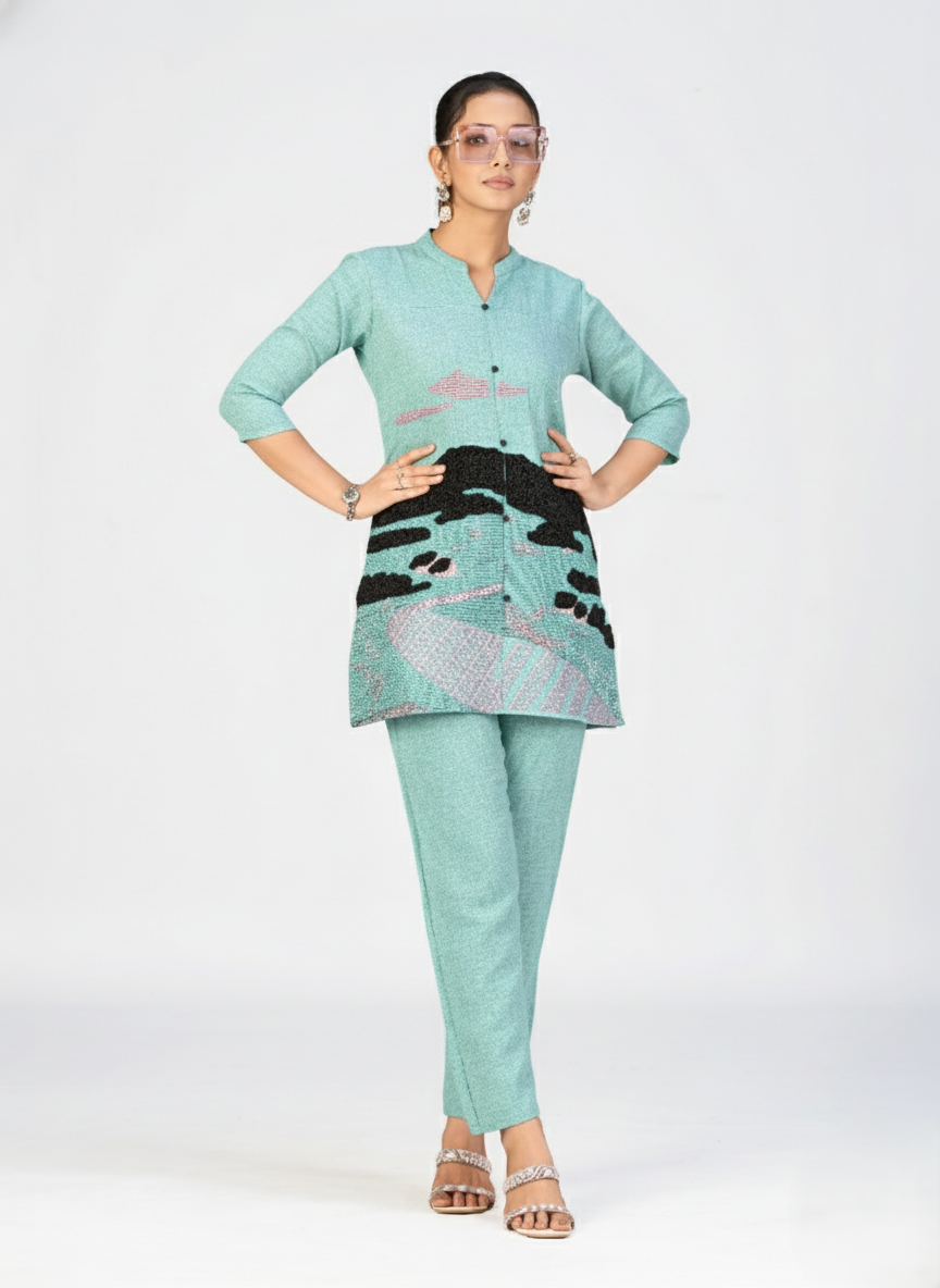 Artistic kurti design with scenic embroidery on textured pink fabric shown on a model.