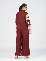 Maroon Linen Poly Co-Ord Set with Puzzle Embroidery Design for Women