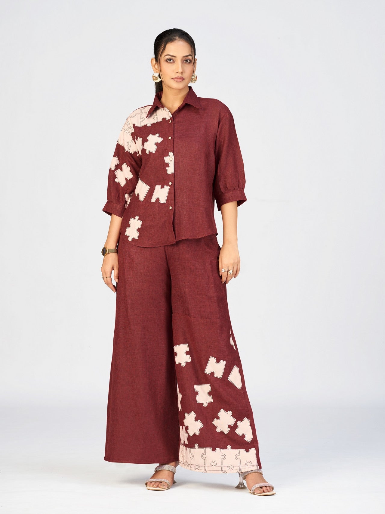Maroon Linen Poly Co-Ord Set with Puzzle Embroidery Design for Women