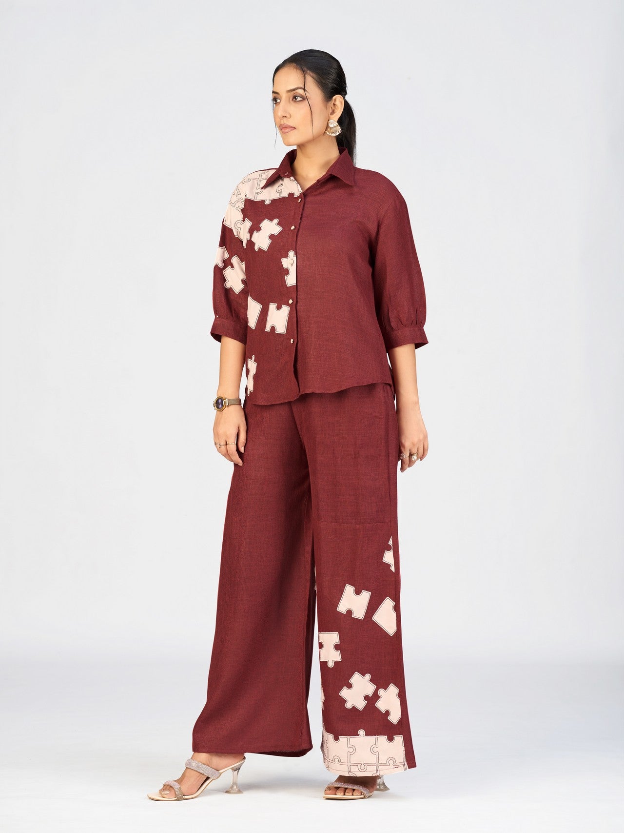 Maroon Linen Poly Co-Ord Set with Puzzle Embroidery Design for Women