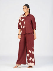 Maroon Linen Poly Co-Ord Set with Puzzle Embroidery Design for Women