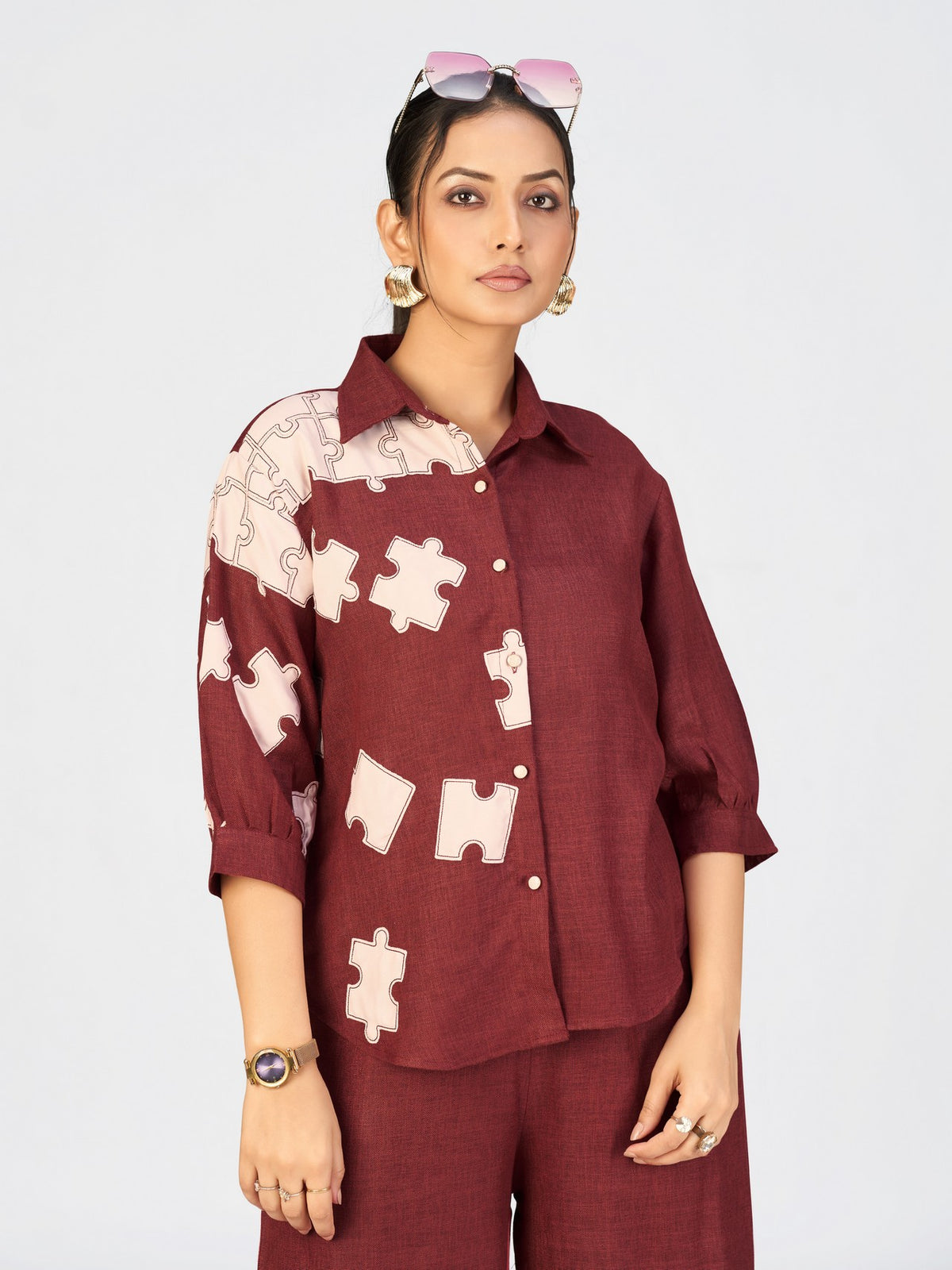 Maroon Linen Poly Co-Ord Set with Puzzle Embroidery Design for Women