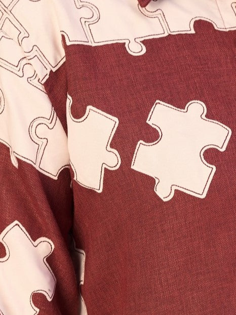 Maroon Linen Poly Co-Ord Set with Puzzle Embroidery Design for Women