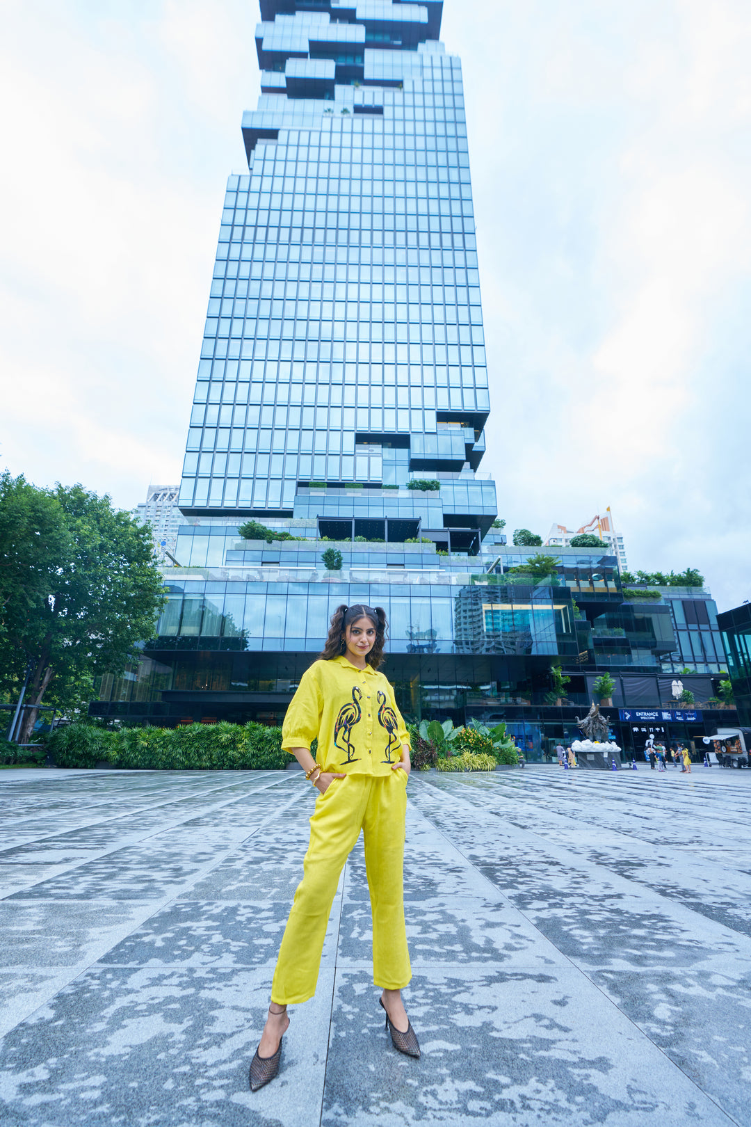 Lime Yellow Flamingo Art Co‑ord Set – Relaxed Shirt & Straight Pants