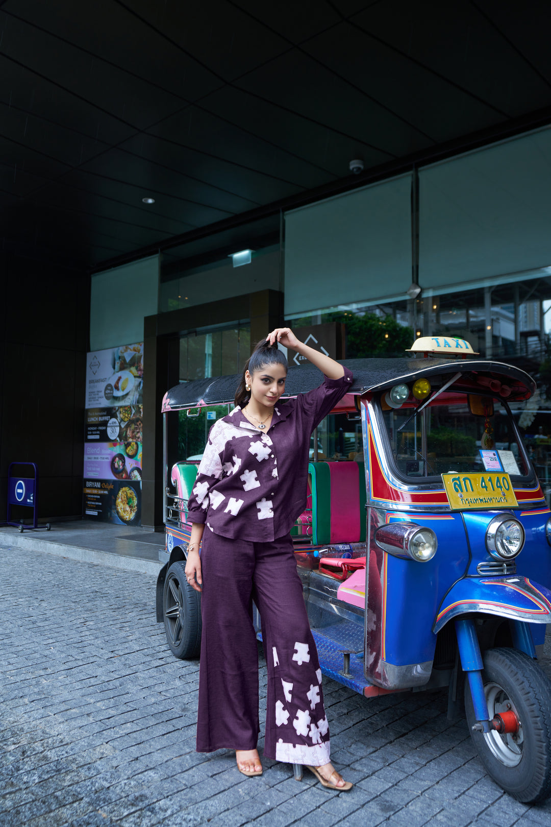 Maroon Puzzle‑Print Co‑ord Set – Relaxed Shirt & Wide‑Leg Pants