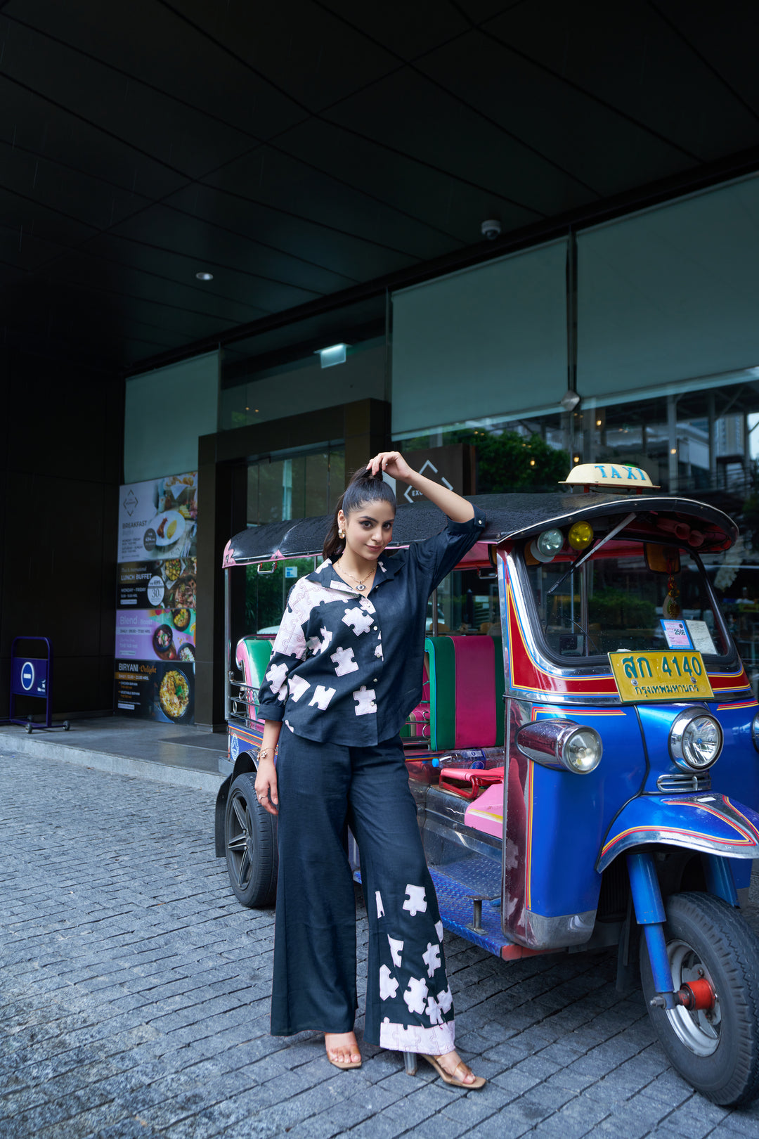 Maroon Puzzle‑Print Co‑ord Set – Relaxed Shirt & Wide‑Leg Pants