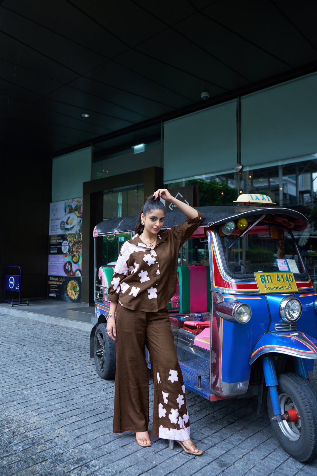 Maroon Puzzle‑Print Co‑ord Set – Relaxed Shirt & Wide‑Leg Pants