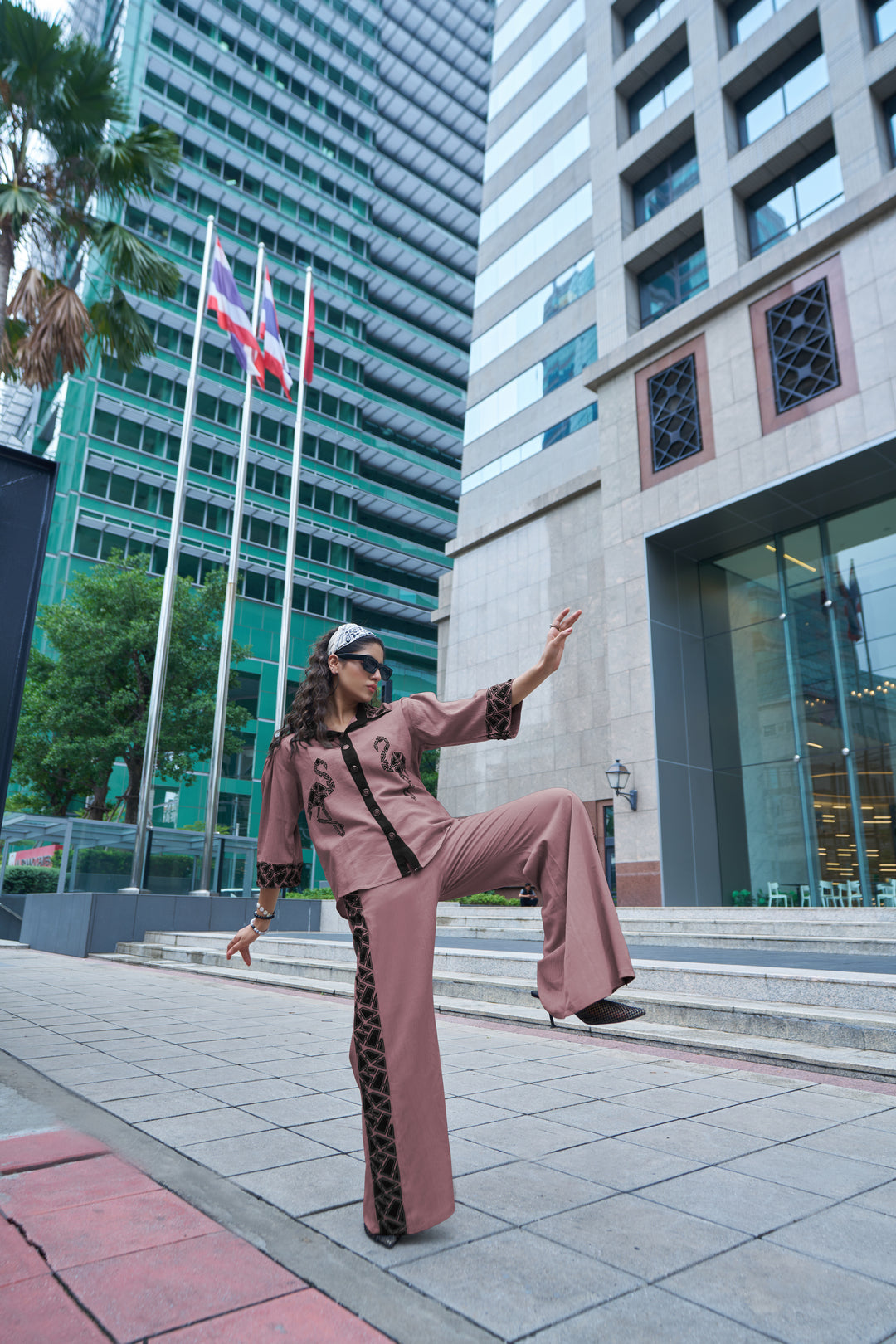 Taupe Contrast‑Trim Co‑ord Set – Relaxed Shirt & Wide‑Leg Pants