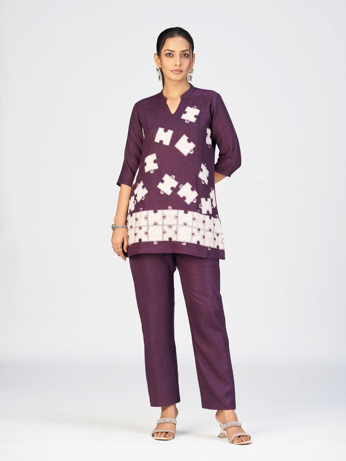 Black Linen Poly Puzzle Embroidered Kurti Pant Set for Women