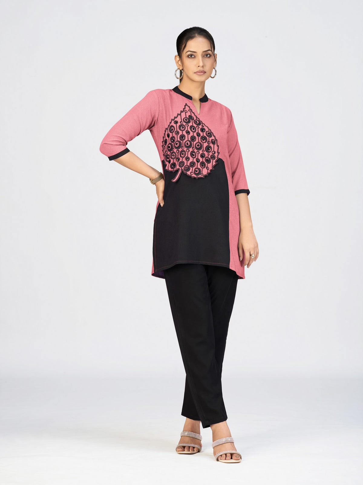 Elegant Dual-Tone Beige & Black Kurti with Leaf Appliqué Design for Women
