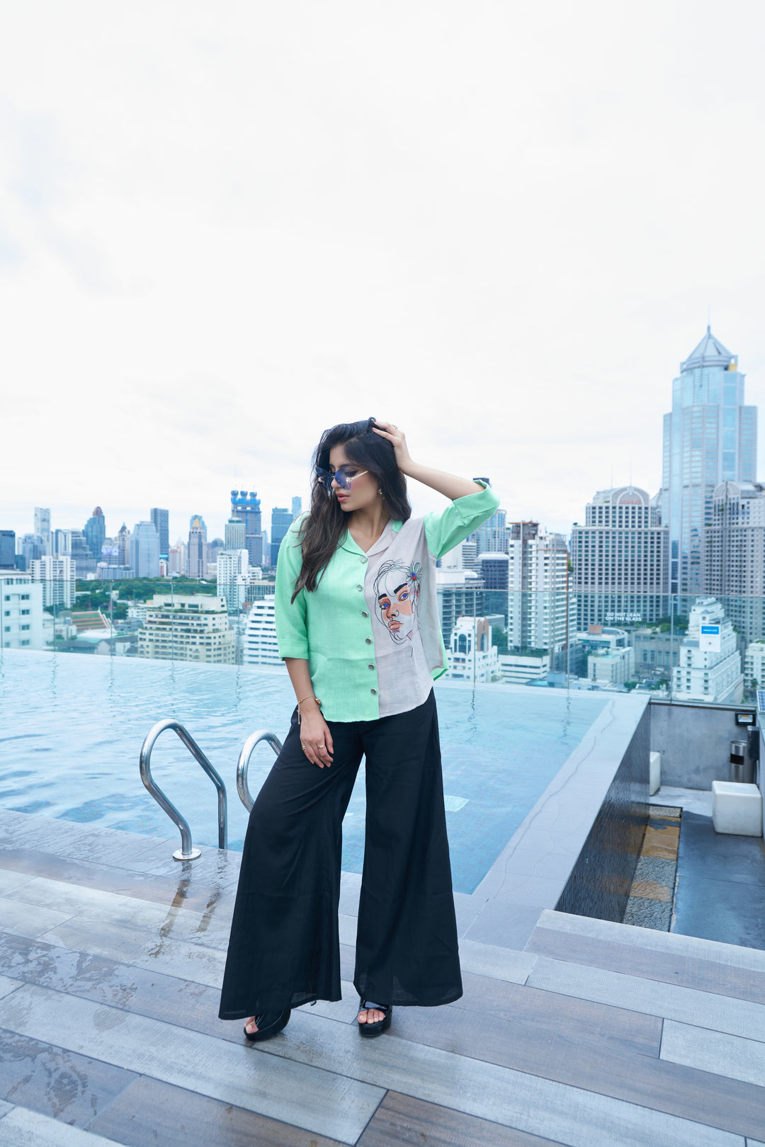 Sky Blue Art‑Embroidered Button‑Down Shirt – Relaxed Fit, Lightweight