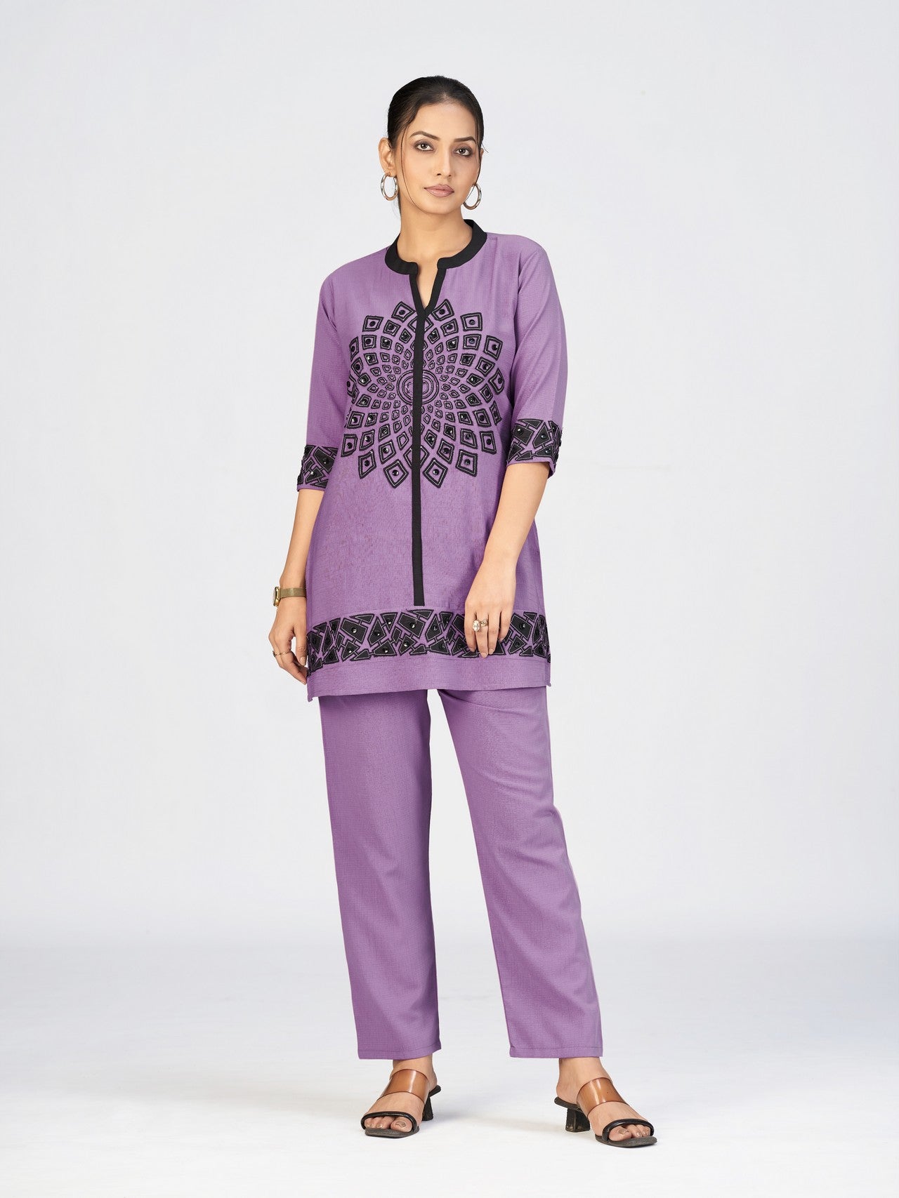 Grey & Black Geometric Embroidered Kurti Pant Set for Women