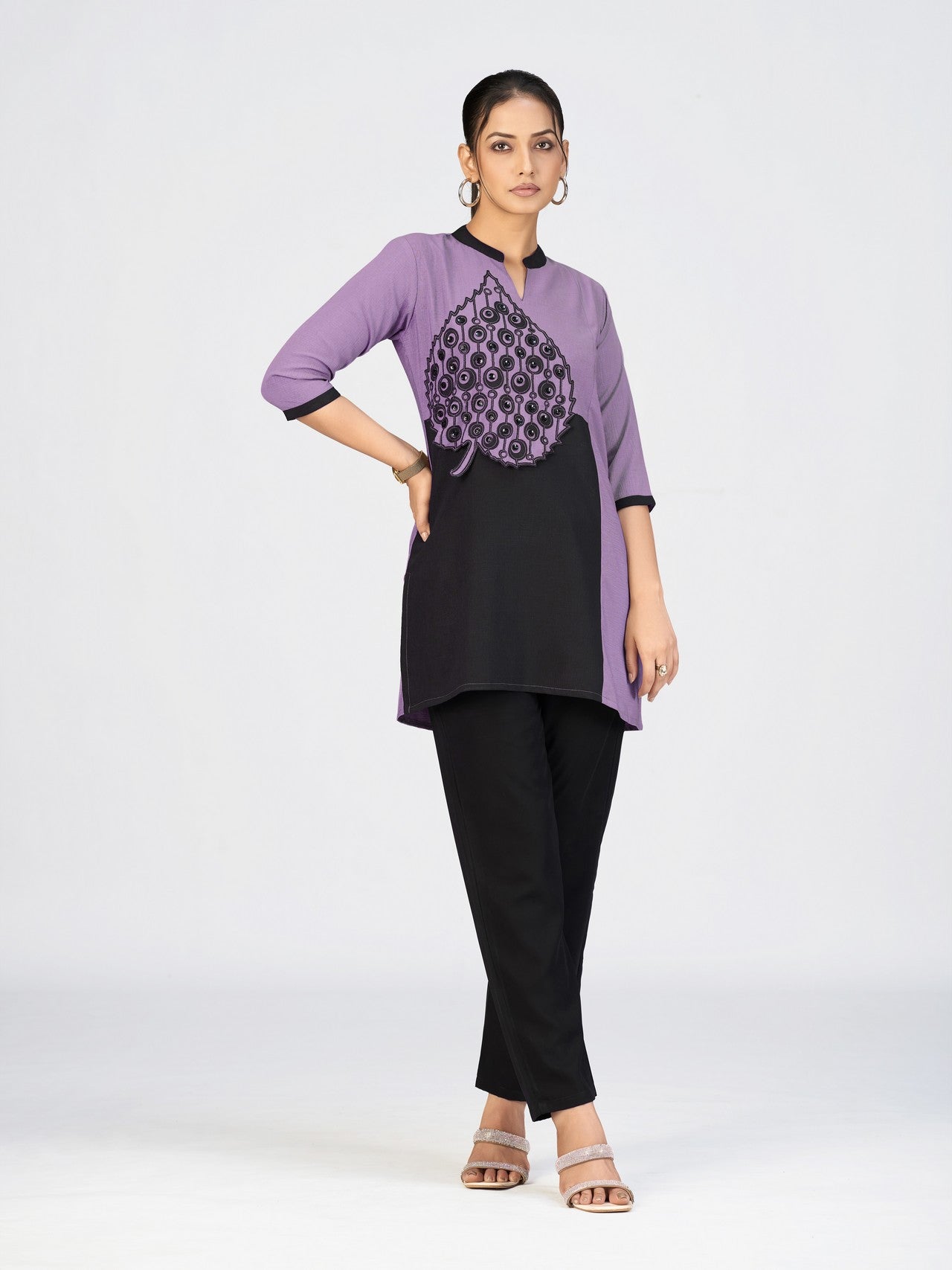 Elegant Dual-Tone Beige & Black Kurti with Leaf Appliqué Design for Women