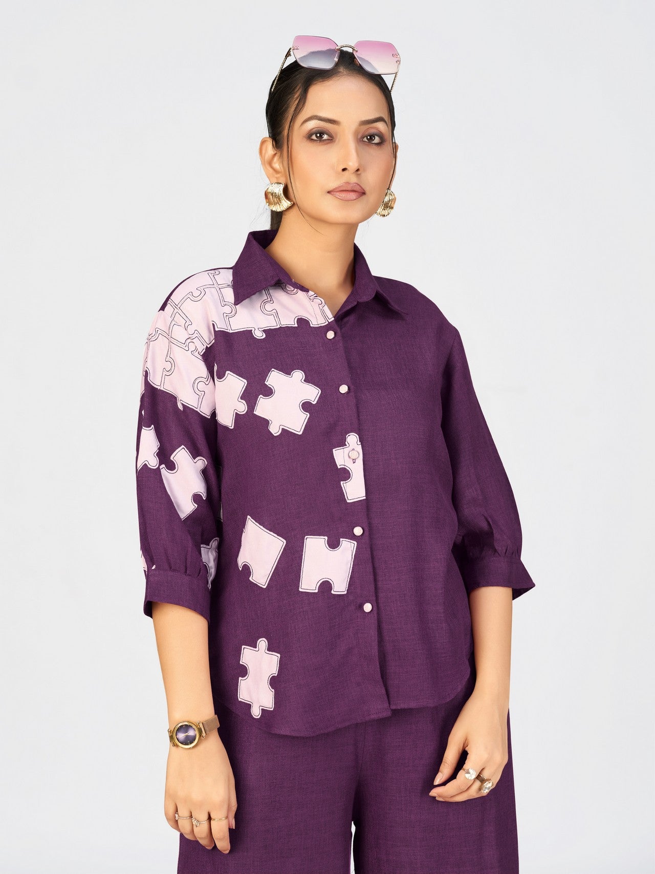 Maroon Linen Poly Co-Ord Set with Puzzle Embroidery Design for Women